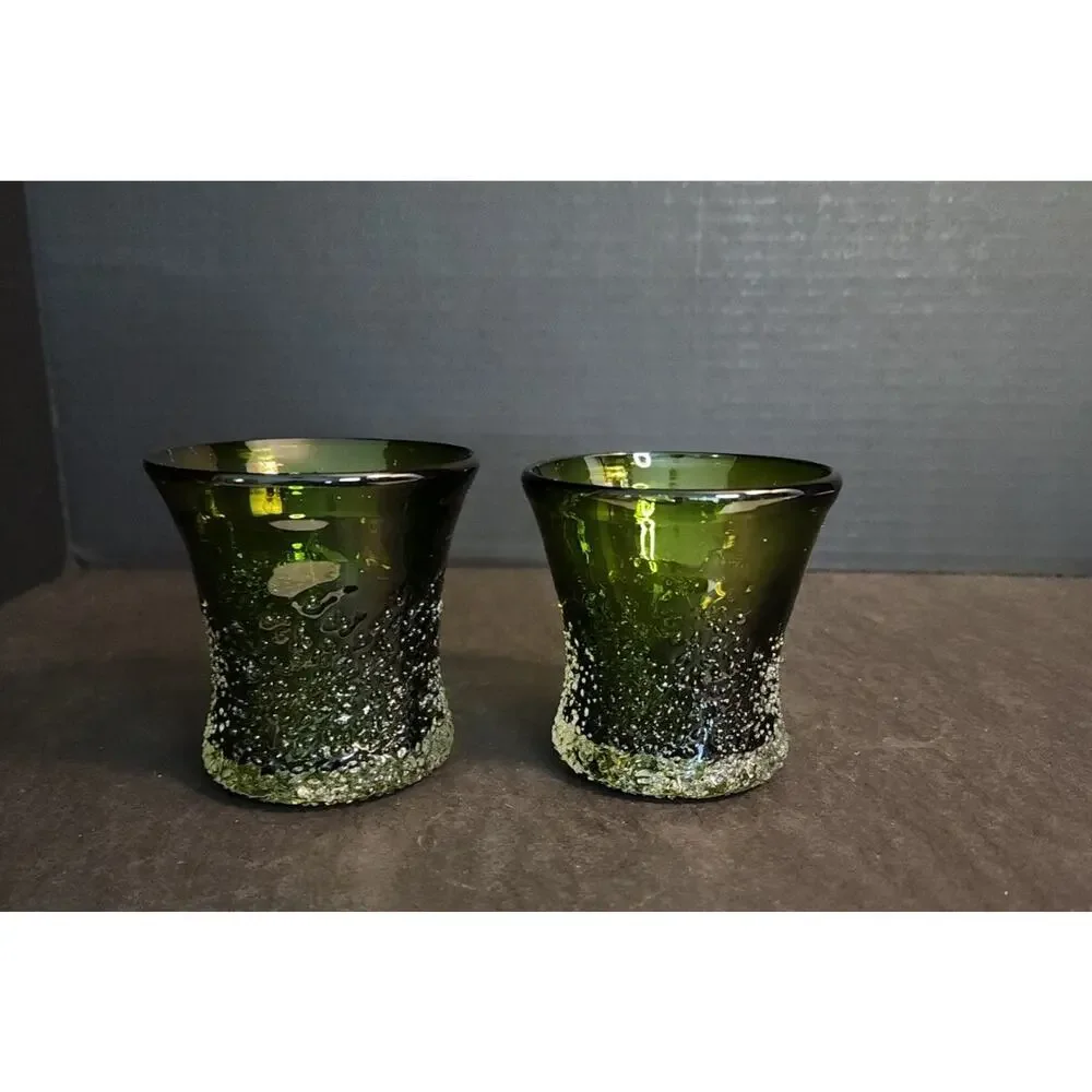 Hand Blow Art Glass Frit Overshot Green 2 Votive Candle Holders, Vases, Juice